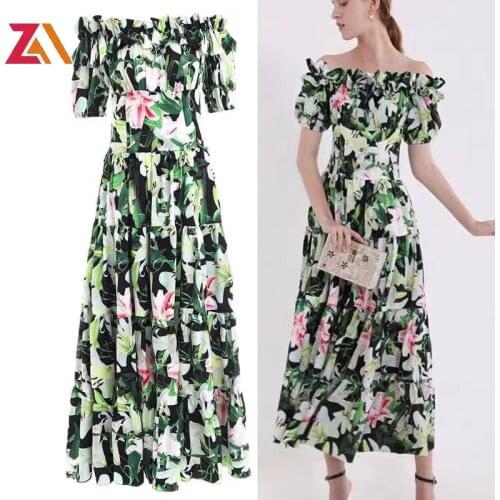 ZALady Summer Women Beach Lily Flower Long Dresses Designer Chic Elegant Short Sleeve Party Slash Collar Ruched Maxi Dress Robes