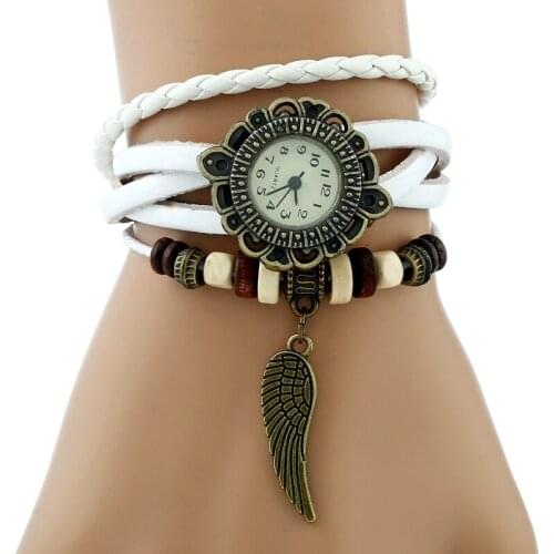 Gnova Platinum TOP Genuine Leather Angel Wing Watch women indian charm Bracelet wristwatch indie band School Student A886