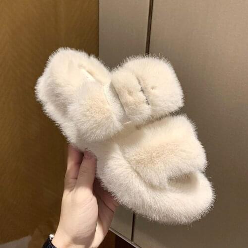 Winter Women Fur Slippers Platform Wedge Heel Indoor Non Slip Rubber Sole Slides Buckle Decoration Fashion Girl Shoes Ladies