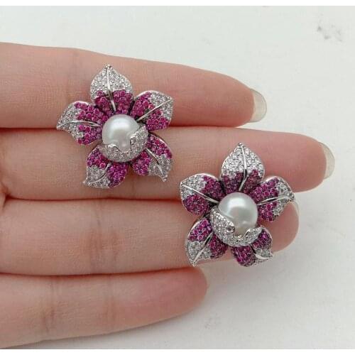Cz Pave Pearl Earrings White Pearl White Gold color Plated Cubic Zirconia micro pave Flower Stud Earrings vintage for women