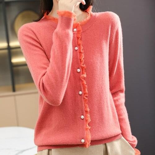 2021 New O-Neck Jackets Women 100% Wool Knitted Long Sleeve Cardigans Female 5Colors Woolen Tops Lady Lace Standard Clothes