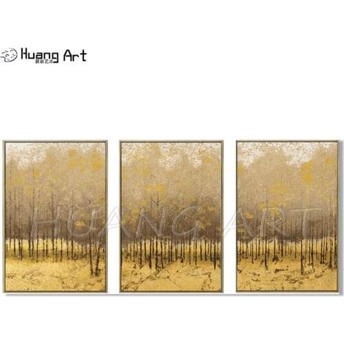 Gold Yellow Birch Forest Group of Paintings Hand-Painted Abstract Autumn Landscape Oil Painting on Canvas for Home Wall Art