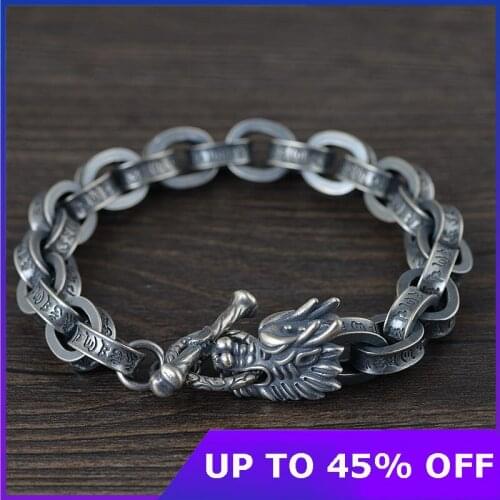 100% Solid S925 silver antique Thai silver bracelet for Man six-word mantra leading silver bracelet mens bracelet Jewelry Gifts
