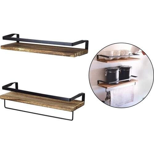 2-Layer Bathroom Storage Shelf Wall Mounted Shelves, Wood Floating Shelves Removable Towel Bar, Kitchen Seasoning Bottles Holder