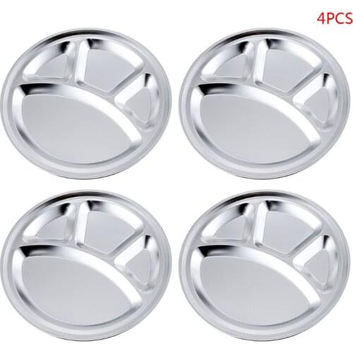 4pcs Stainless Steel 4 Sections Round Divided Plate Dish Snack Dinner Tray Lunch