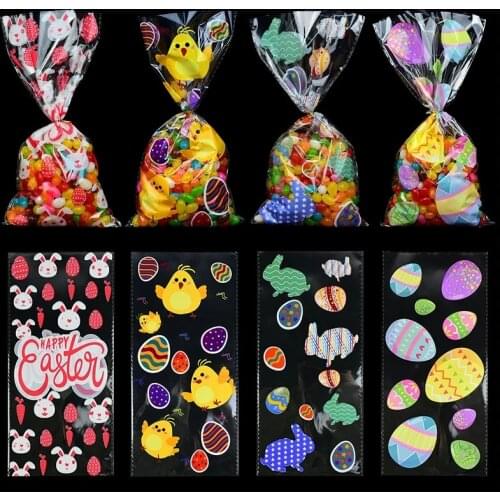 50pcs Easter Decoration Candy Bags Egg Rabbit Chick Printed Transparent Gift Bag For Food Candy Packaging Plastic Bags