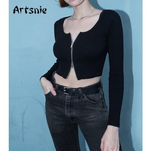 Artsnie Autumn Slim Cardigan Women O Neck Long Sleeve Zipper Sweater Pull Femme Streetwear Slim Black Crop Cardigans Sweater