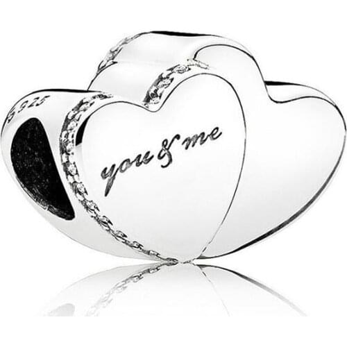 Authentic 925 Sterling Silver Bead Two Hearts Charm Fit Fashion Women Pandora Bracelet Bangle Gift DIY Jewelry