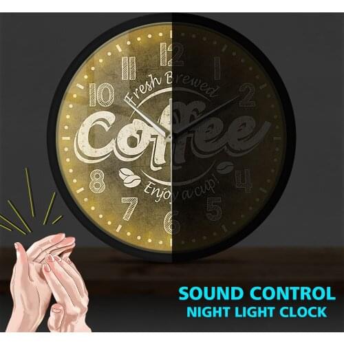 Coffee Sound Control Wall Clock Fresh Brewed Coffee Enjoy A Cup Sound Activated Light Emitting Watch Kitchen Decor