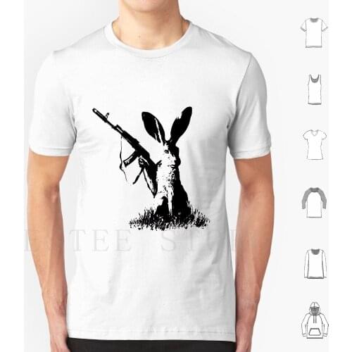Jackrabbit With Kalashnikov T Shirt Print Cotton Rabbit Jackrabbit Gun Rifle Ak47 Ak 47 Kalashnikov Animals Silhouette Black