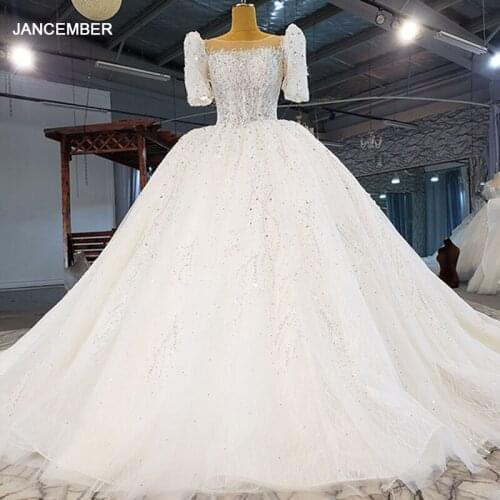 HTL2186 White Elegant White Bridal Wedding Dress High-end Luxury Diamond Short Sleeve Transparent Lace Gown свадебное платье