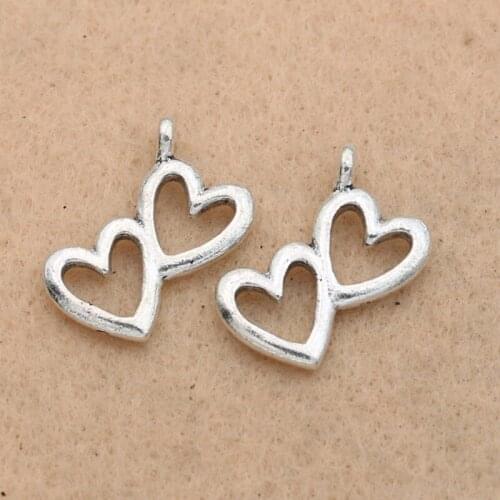 KJjewel Antique Silver Plated Double Heart Charms Pendant Bracelets Necklace Findings Jewelry Making Accessories DIY 20mm