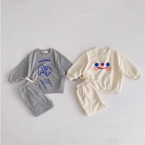 Korean Pop Baby Boys Girls Cartoon Clothes Set 2 Color Toddler Kids Long Sleeve Sweatshirts + Elasticity Trousers 2 piece suit