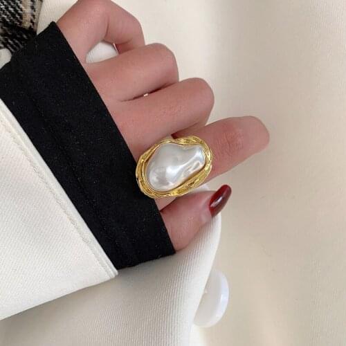Lifefontier Vintage Big Baroque Irregular Pearl Rings for Women Geometric Gold Color Metal Adjustable Rings Party Bride Jewelry