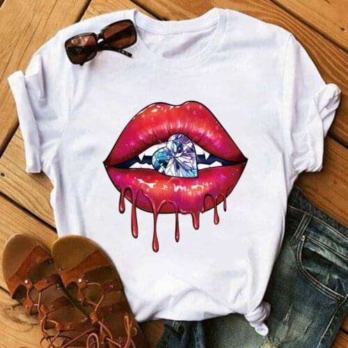 Fashion Women Red Lips White T Shirt Girl Harajuku Korean Style Graphic Tops Kawaii Female T-shirt Casual Streetwear