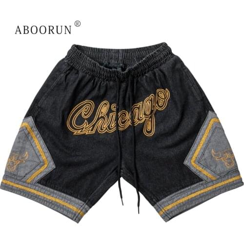 ABOORUN Hip Hop Mens Summer Denim Shorts Chicago Embroidery Denim Shorts Drawstring Patchwork Shorts for Male