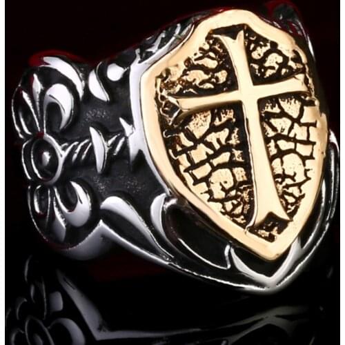 Big Finger Ring Size 13 14 15 Knights Templar Cross Shield Titanium Steel 316L Mens Shield Soul Protection Ring