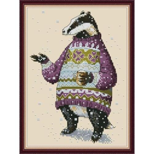 Joy Sunday Badger in sweater Cross-Stitch EmbroiderySet Printed Counted Canvas DMC DIY Needlework Set For Baby Room Decor Gift