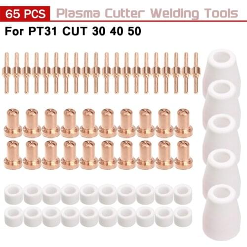 65Pcs/Set Plasma Cutter Tip Electrodes & Nozzles Kit Consumable Accessories For PT31 CUT 30 40 50 Plasma Cutter Welding Tools