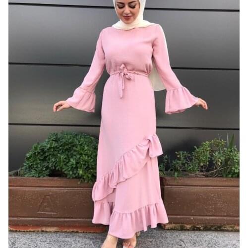 2021 new Arab Girls Turkish Muslim Dress Islamic Daily Leisure Spring and Autumn Net Red Robe Pink