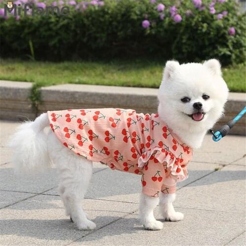 Miflame Sweet Dog Girls Clothes Flying Sleeve Pet Shirts For Puppy Costume Cherry Printed Dog T-shirt Pomeranian Spitz Clothes