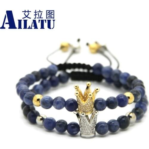 Ailatu Wholesale 10pcs Fashion 6mm Natural Blue Veins Stone Beads with Crown Braided CZ Bracelet
