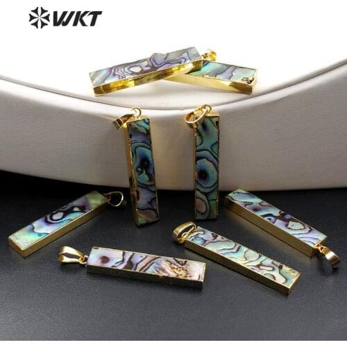 WT-P1165 Wholesale natural abalone shelle pendant with 24K gold trim rectangle shape shell pendant for jewelry making 9*40 mm