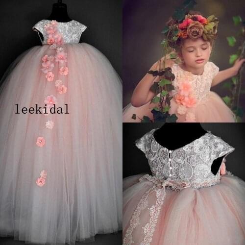 Princess Girls Birthday Dresses Real Pic 2019 ins Cap Sleeves Lace Bodice Cute Pink Flower Girls Dress Buttons Back Full Length