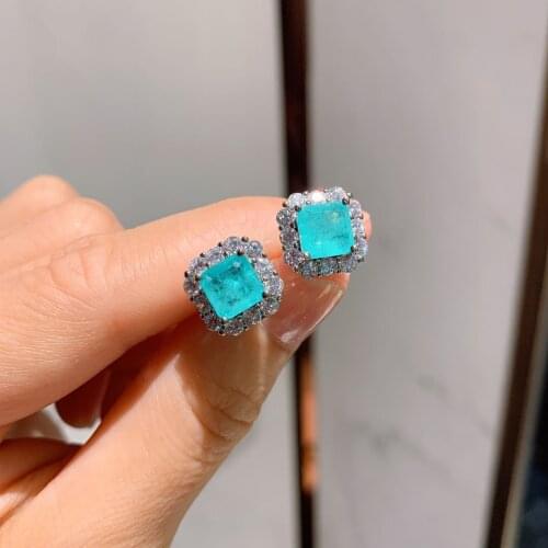 QTT Vintage 100% 925 Sterling Silver Paraiba Tourmaline Gemstone Birthstone Ear Studs Earrings Ladies Fine Jewelry