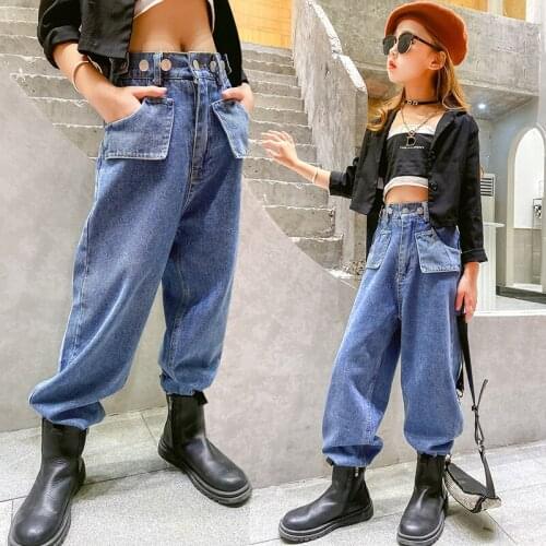 Qunq Fashion Cool Teens Girl Jeans Wide Leg Loose Kids Denim Pant for Girl 4-16 Year High Waist Children Trousers Spring Summer