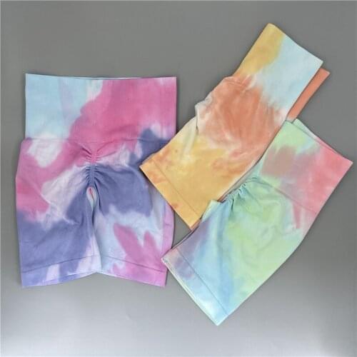 Seamless Tie Dyed Yoga Shorts Womens Summer High Waist Yoga Pants Gym Wear Running Peach Hip Lifting Fitness Leggings