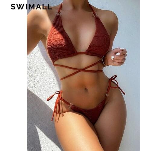Sexy Bikini 2021 Solid Swimsuit Women Swimwear Bandage Halter Bikini Set Ribbed Bathing Suit Brazilian Swimming Suit Female