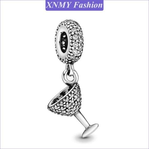 XNMY Beads Fit Original Pandora Pave Cocktail Glass Dangle Charm Bracelet Charms Silver Color Pendant Dangle Jewelry Berloque