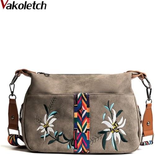 Vintage Floral Embroidery Bag Wide Strap Handbag Shoulder Crossbody Bags For Women Messenger Bags Small Bolsa Feminina KL202