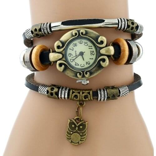 Gnova Platinum Hand Made Top Women Genuine Leather Bracelet Watch Women Quartz Dress wristwatch Leaf fish Snow flake owl charm