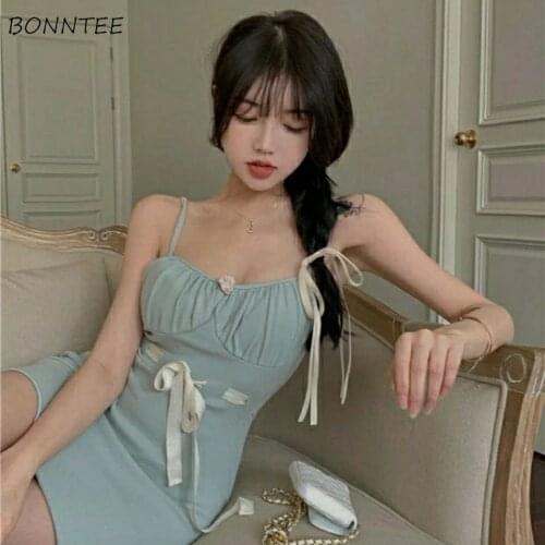 Dresses Women French Style Cute Girls Soft Elegant Bandage Square Collar High Waist Party Vacation Simple Fashion Teens Club New