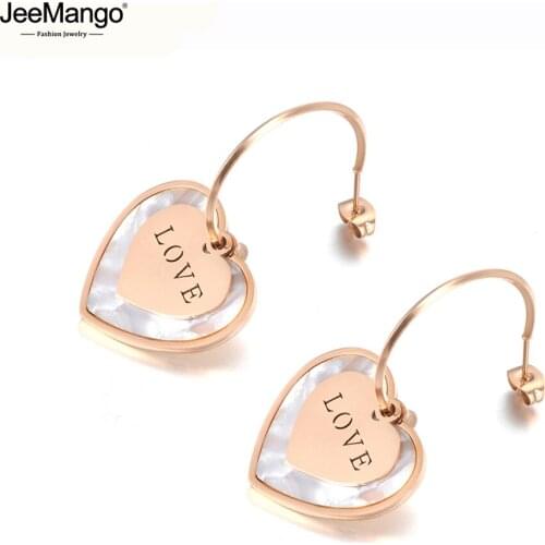 JeeMango Trendy Titanium Steel Love Double Heart Stud Earrings For Women Girls Rose Gold White Shell OL Earrings Jewelry JE19181