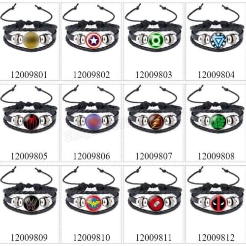 Marvel Superhero Cowhide Bracelet Badge Captain America Spiderman Gem Charm Jewellery Crystals Women Accessories Gift Anime