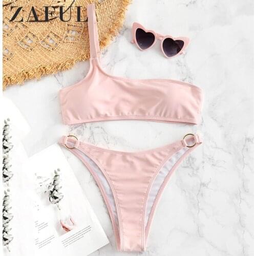 ZAFUL The Past One Shoulder Bikini Set Women Solid Sexy Two Pieces Swimwear 2019 girl Beach Swimsuits womens swimming suit
