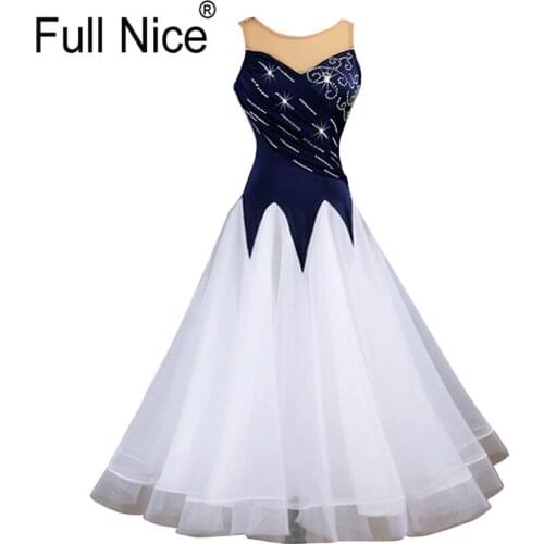 Women Girl Ballroom Dance Sleeveless Navy White Modern dance one piece Waltz dress Flamenco Rumba Samba Practice Competition
