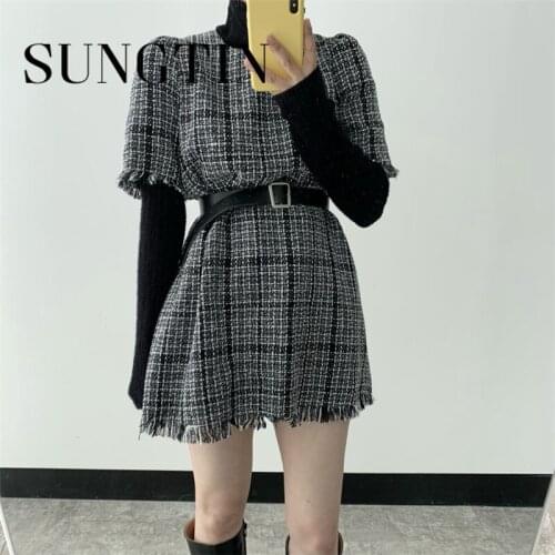 Sungtin Elegant Tweed Dress Women O Neck Plaid Dress Mini Casual Female Houndstooth Dress Belt High Waist Elegant Vestidos Korea