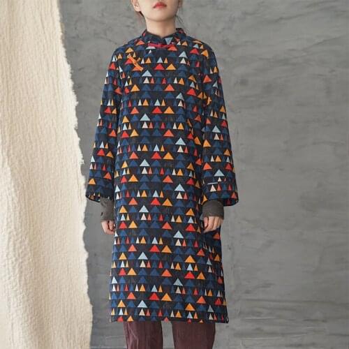 SCUWLINEN 2021 Women Winter Dress Vintage Stand Collar Geometric Corduroy Thick Warm Cotton Quilted Long Christmas Dresses P184