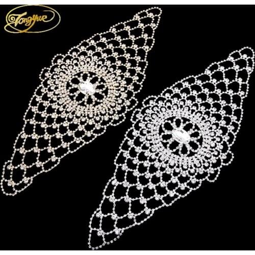 39*16cm Gold And Silver Sewing Rhinestone Applique Silver Base Patch For Wedding Evening Banquet Dress