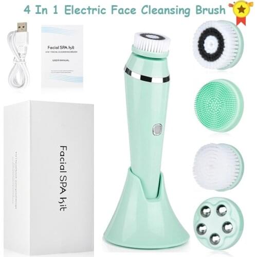 Newest 4 in 1 Electric Facial Brush Face Skin Spa Cleansing USB Rechargeable Massager Cleaner with 4 Heads skin clean beauty