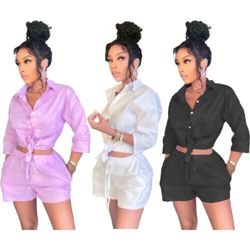 66BN178 Summer Women Casual Fashion Solid Buttoned Double Pocket Two Piece Set Top and Shorts Tracksuit Sweatsuit Outfits Hot