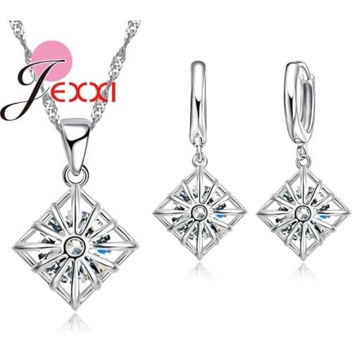 Hollow Rhombus Charm Design With Shiny CZ Crystal 925 Sterling Silver Necklace Earrings Bijouterie Set Wholesale Price