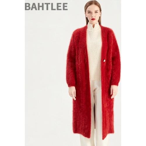 BAHTLEE Women Angora Long Thick Coat Sweater Winter Wool Knitted V-Neck Cardigans Jumper Lantern Sleeves Singel Button