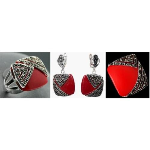 Noble Red Carved Lacquer Marcasite 925 Sterling Silver Square Ring(#7-10) Earrings & Pandent jewelry sets