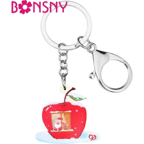 Bonsny Acrylic Christmas Santa Claus Apple Elk Deer Key chains Key Rings Bag Car Purse Keychain For Women Girls Decorations Gift
