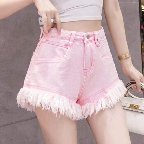 Womens Denim Shorts 2021 Summer Vintage Tassel Washed High Waist A-Line Wide Leg Ladies Hot Pants Short Jeans Female Streetwear